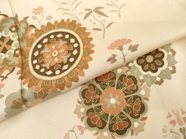 平和屋着物▽訪問着 単衣 駒刺繍 正倉院花唐草文 正絹 逸品 AABI7200cs