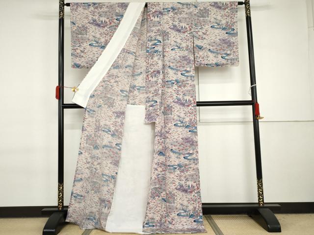 平和屋着物▽上質な小紋 単衣 風景松竹梅文 鬼しぼ縮緬 ロング丈 正絹 逸品 未使用 AABI7202cs