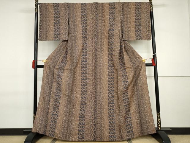 平和屋着物▽上質な紬 単衣 花唐草文 正絹 逸品 AABI7203cs