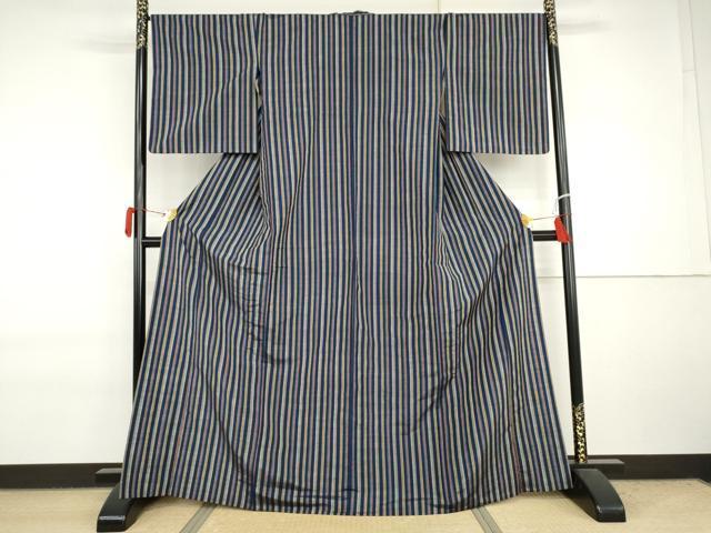 平和屋着物▽上質な紬 単衣 縞 正絹 逸品 AABI7210cs