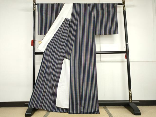 平和屋着物▽上質な紬 単衣 縞 正絹 逸品 AABI7210cs