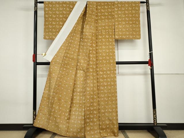 平和屋着物▽上質な紬 単衣 型染め 笹文 正絹 逸品 AABI7211cs