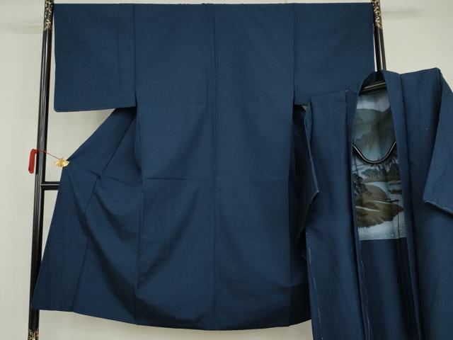 平和屋着物▽男性 小紋 単衣 アンサンブル 色無地 瑠璃紺色 AABI7213cs