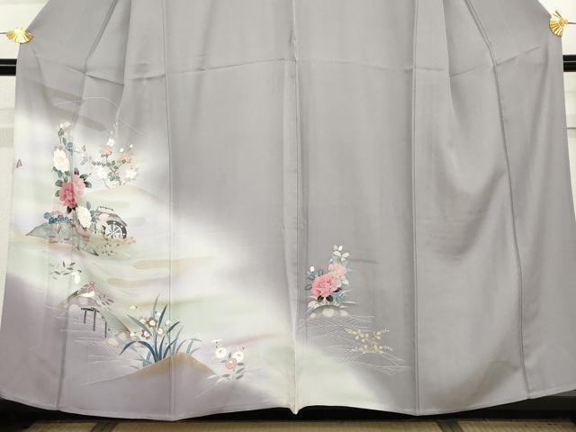 平和屋着物▽訪問着 単衣 友禅 花鳥風景文 暈し染め 金彩 正絹 逸品 AABI7218cs