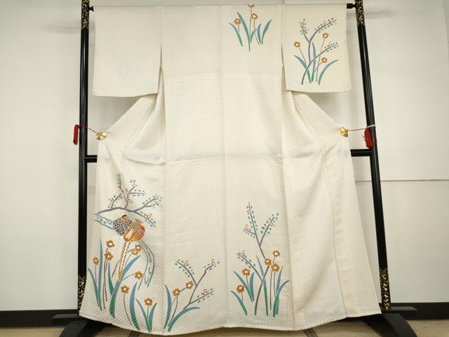 平和屋着物▽訪問着 単衣 手描き 花鳥文 金通し地 正絹 逸品 AABI7227cs
