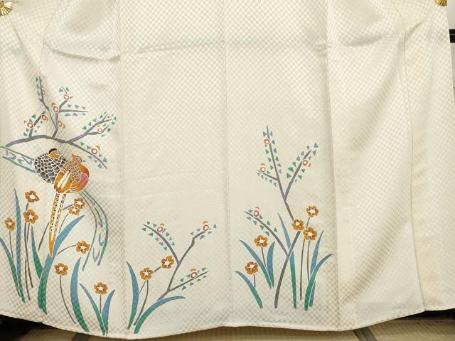 平和屋着物▽訪問着 単衣 手描き 花鳥文 金通し地 正絹 逸品 AABI7227cs