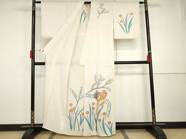 平和屋着物▽訪問着 単衣 手描き 花鳥文 金通し地 正絹 逸品 AABI7227cs