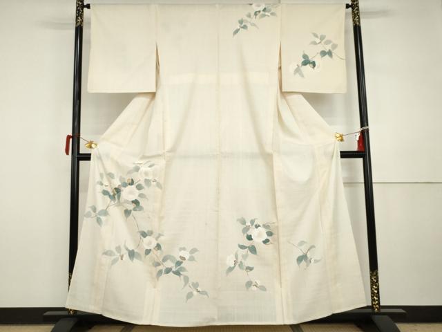 平和屋着物▽生紬 訪問着 単衣 友禅 枝花文 正絹 逸品 AABI7229cs