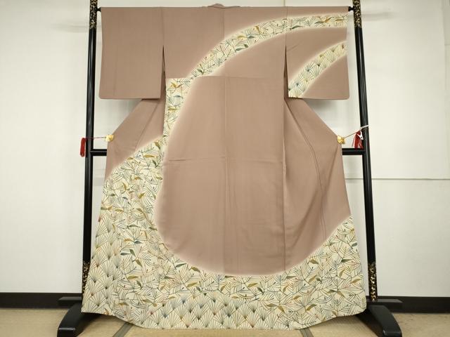 平和屋着物▽訪問着 単衣 型染め 枝葉文 暈し染め 正絹 逸品 AABI7231cs