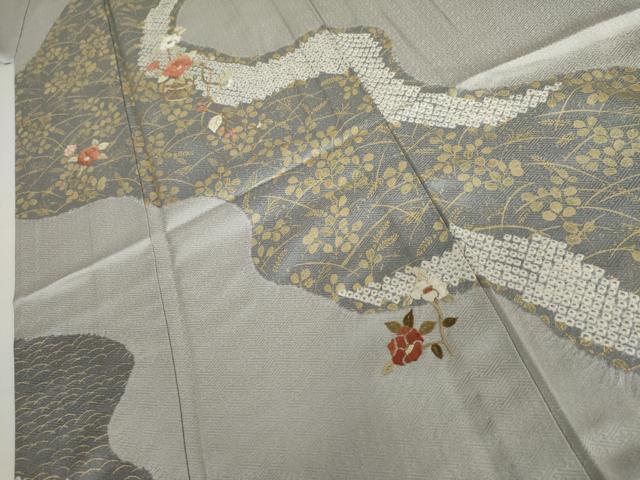 平和屋着物▽訪問着 単衣 絞り 刺繍 花篭文 金糸 金彩 正絹 逸品 AABI7244cs