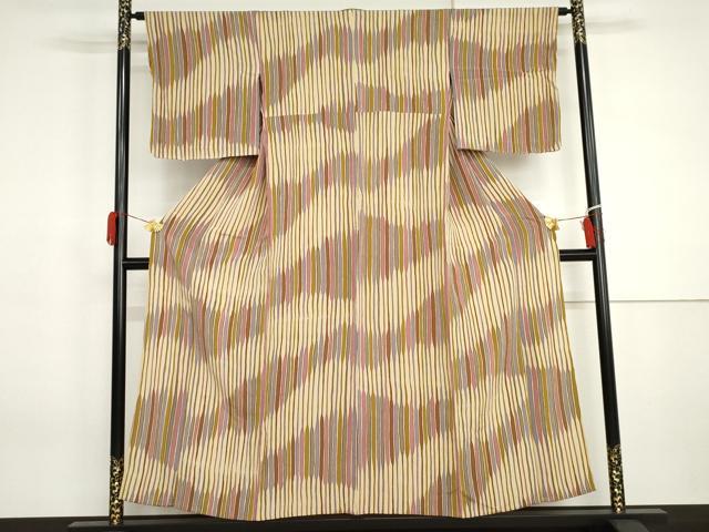 平和屋着物▽上質な小紋 単衣 変わり縞 鬼しぼ縮緬 正絹 逸品 AABI7246cs