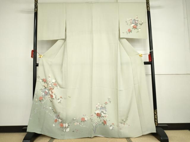 平和屋着物▽訪問着 単衣 友禅 雪輪枝花文 暈し染め 正絹 逸品 AABI7251cs