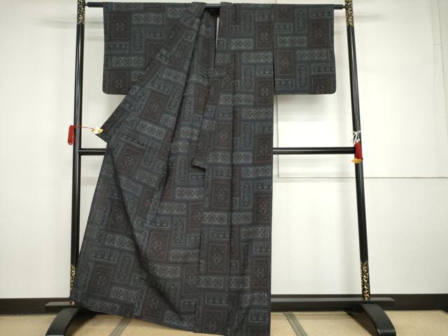 平和屋着物▽本塩沢 単衣 幾何学花文 正絹 逸品 AABI7253cs