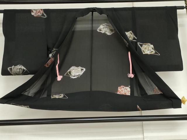 平和屋着物▽羽織 スリーシーズン 春夏秋 塵除け 幾何学文様 黒地 銀糸 正絹 逸品 AABI7256cs