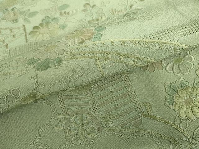 平和屋着物▽訪問着 単衣 中国三大刺繍 スワトウ刺繍 汕頭刺繍 松竹梅風景文 正絹 逸品 AABI7259cs