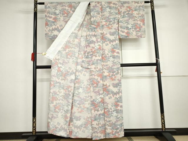 平和屋着物▽上質な小紋 単衣 人物風景文 正絹 逸品 AABI7272cs