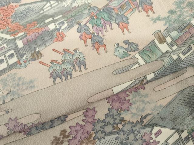 平和屋着物▽上質な小紋 単衣 人物風景文 正絹 逸品 AABI7272cs