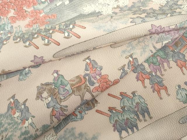 平和屋着物▽上質な小紋 単衣 人物風景文 正絹 逸品 AABI7272cs