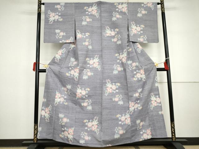 平和屋着物▽上質な紬 単衣 草花文 正絹 逸品 AABI7274cs