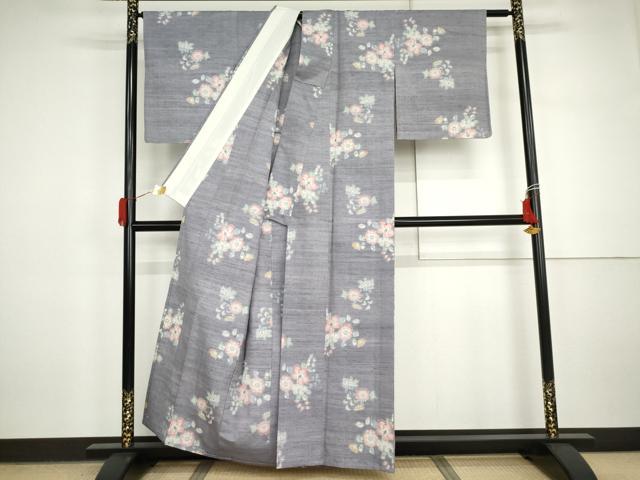 平和屋着物▽上質な紬 単衣 草花文 正絹 逸品 AABI7274cs