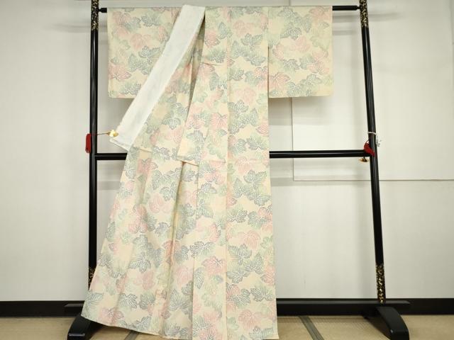 平和屋着物▽上質な紬 単衣 葉尽くし 正絹 逸品 AABI7276cs