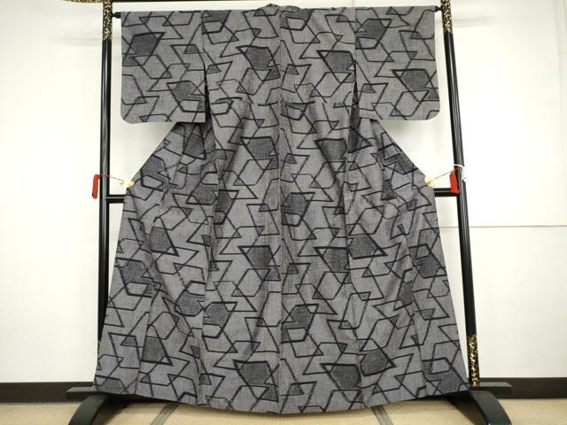 平和屋着物▽上質な紬 単衣 幾何学文様 正絹 逸品 AABI7280cs