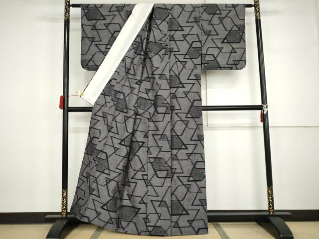 平和屋着物▽上質な紬 単衣 幾何学文様 正絹 逸品 AABI7280cs