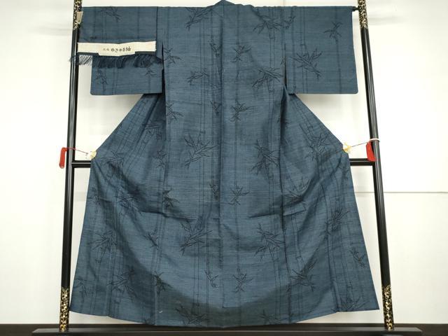 平和屋着物▽ゆきやま紬 単衣 笹竹文 反端付き 正絹 逸品 AABI7281cs