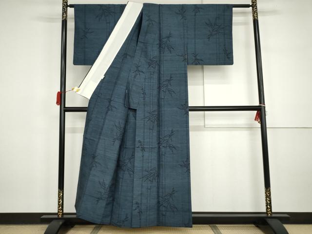 平和屋着物▽ゆきやま紬 単衣 笹竹文 反端付き 正絹 逸品 AABI7281cs