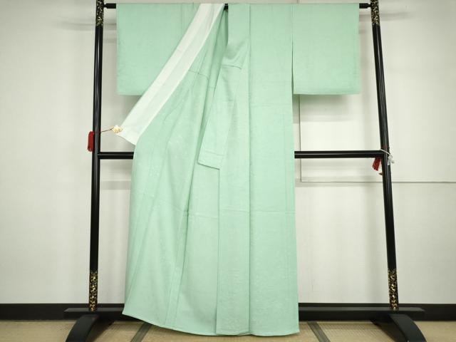 平和屋着物▽上質な色無地 単衣 風景草花地紋 薄萌葱色 正絹 逸品 AABI7284cs