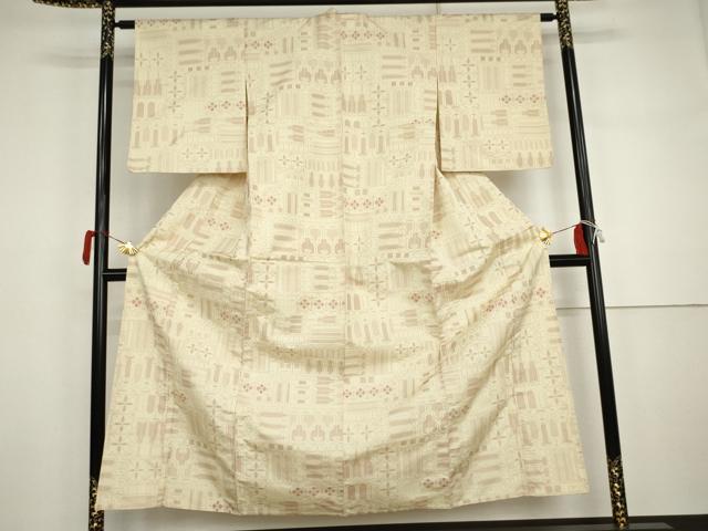 平和屋着物▽上質な紬 単衣 幾何学花文 正絹 逸品 AABI7305cs