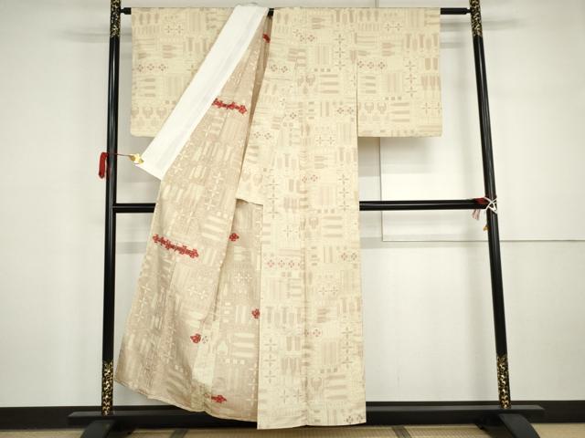 平和屋着物▽上質な紬 単衣 幾何学花文 正絹 逸品 AABI7305cs