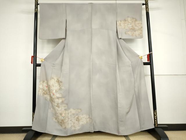 平和屋着物▽訪問着 単衣 刺繍 草花文 暈し染め 金糸 金彩 正絹 逸品 AABI7308cs