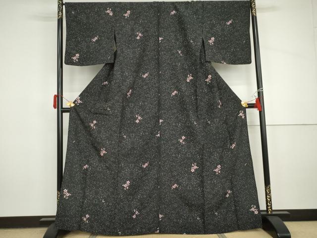 平和屋着物▽小紋 単衣 枝花文 黒地 洗える着物 AABI7311cs