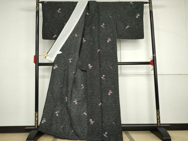 平和屋着物▽小紋 単衣 枝花文 黒地 洗える着物 AABI7311cs