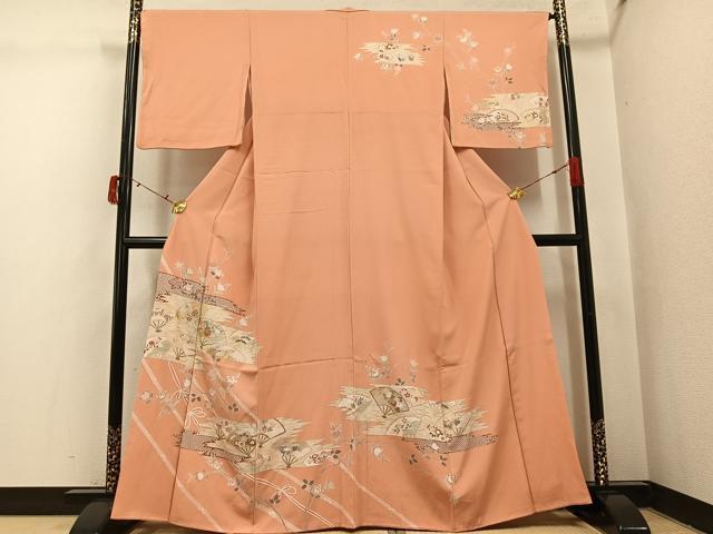 平和屋着物●訪問着 駒刺繍 扇面花文 金銀彩 正絹 逸品 AABI7325ph