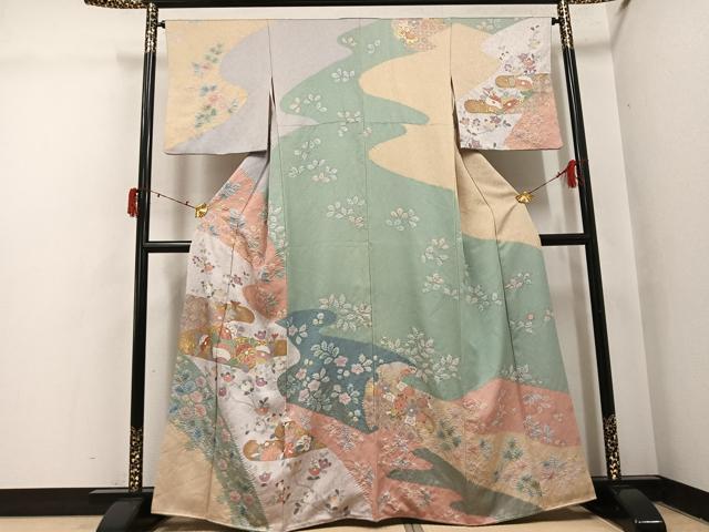 平和屋着物●訪問着 作家物 泰常 駒刺繍 絞り 金彩 金通し地 正絹 逸品 AABI7351ph