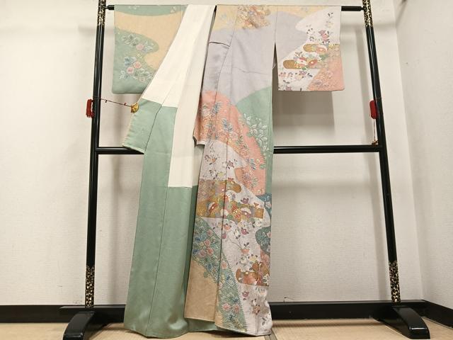 平和屋着物●訪問着 作家物 泰常 駒刺繍 絞り 金彩 金通し地 正絹 逸品 AABI7351ph