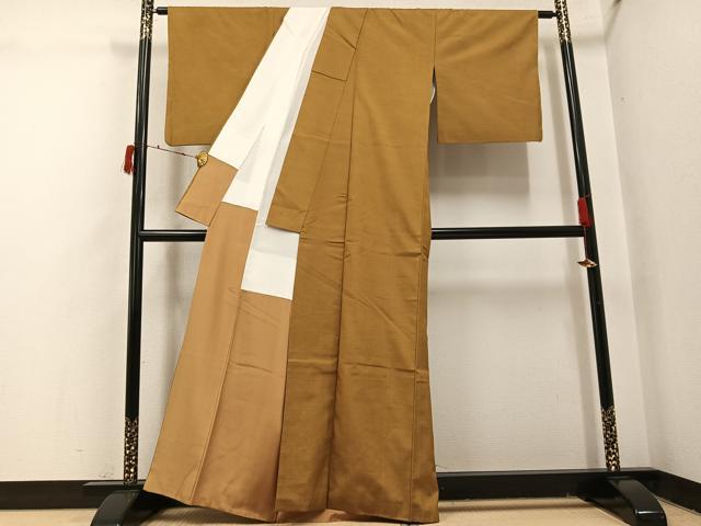 平和屋着物●上質な紬 色無地 黄枯茶色 正絹 逸品 AABI7364ph
