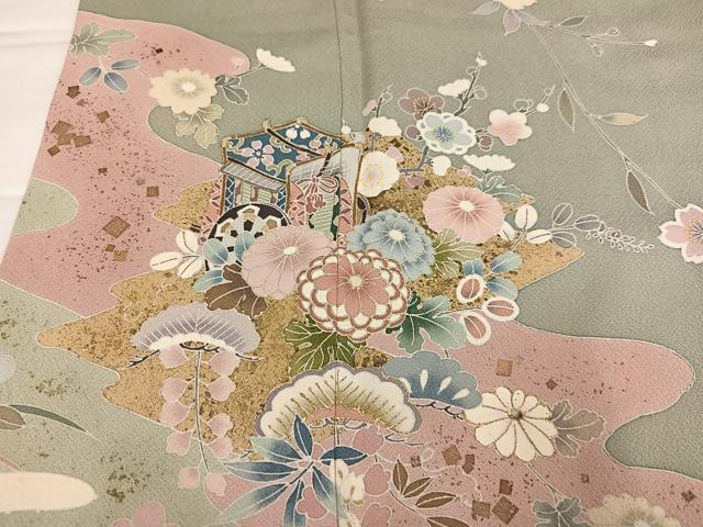 平和屋着物●訪問着 友禅 作家物 御所車花文 金彩 正絹 逸品 AABI7373ph