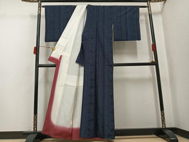 平和屋着物●結城紬 80亀甲 花唐草間道 正絹 逸品 AABI7386ph
