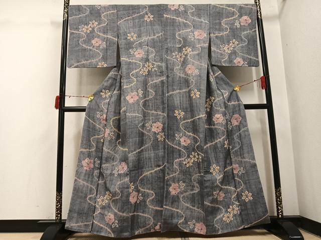 平和屋着物●生紬 絞り 流水花文 正絹 逸品 AABI7392ph