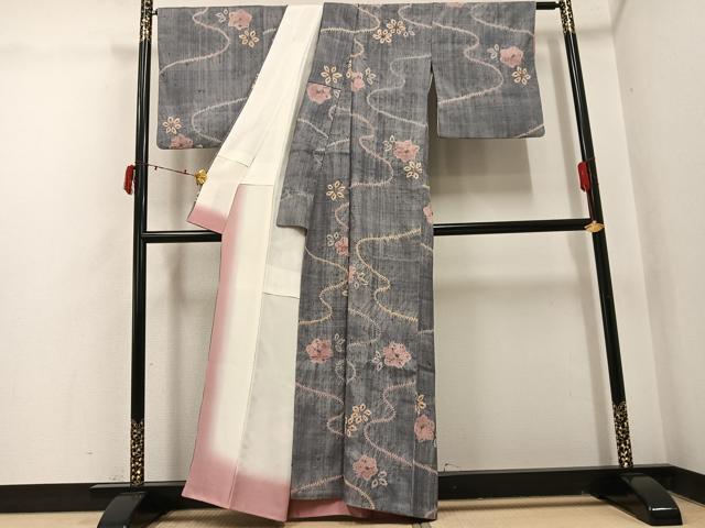 平和屋着物●生紬 絞り 流水花文 正絹 逸品 AABI7392ph