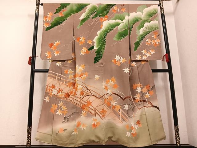 平和屋着物●アンティーク 大正ロマン 訪問着 刺繍 松楓 暈し染め 金銀彩 正絹 逸品 未使用 AABI7417ph