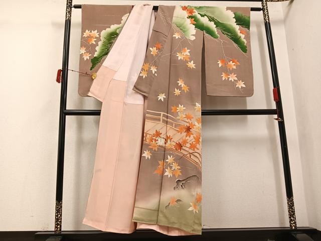 平和屋着物●アンティーク 大正ロマン 訪問着 刺繍 松楓 暈し染め 金銀彩 正絹 逸品 未使用 AABI7417ph