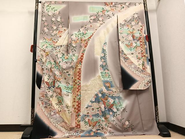 平和屋着物●豪華振袖 花蝶文 暈し染め 金銀彩 正絹 逸品 AABI7418ph