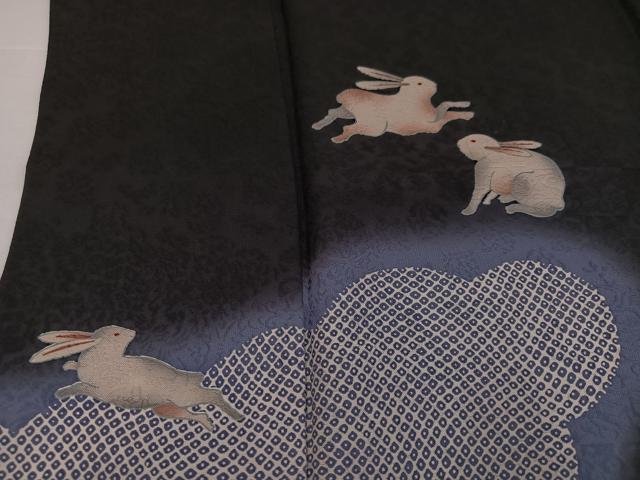 平和屋着物●訪問着 作家物 兎 黒地 正絹 逸品 AABI7419ph