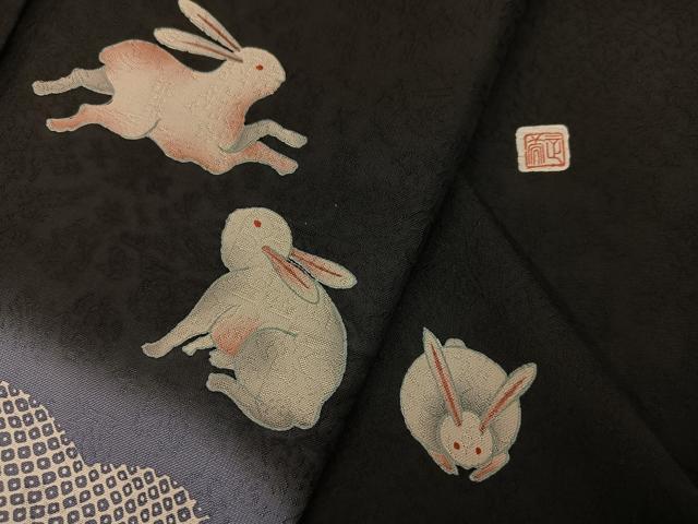 平和屋着物●訪問着 作家物 兎 黒地 正絹 逸品 AABI7419ph