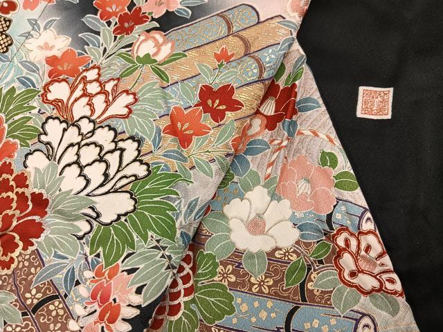 平和屋着物●谷崎潤一郎の世界 振袖 花筏文 暈し染め 黒地 金銀彩 正絹 逸品 AABI7448ph