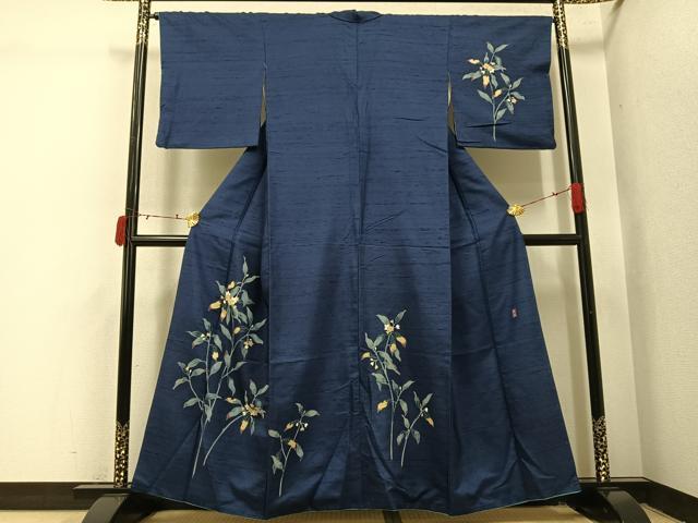 平和屋着物●十日町友禅作家 岡村蒼風 訪問着 友禅 作家物 紬地 枝花文 正絹 逸品 AABI7471ph